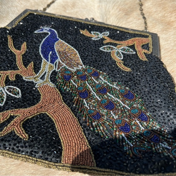 Antique Vintage Art Deco Large Beaded Sequin Peacock Long Chain Shoulder Bag - Picture 12 of 13